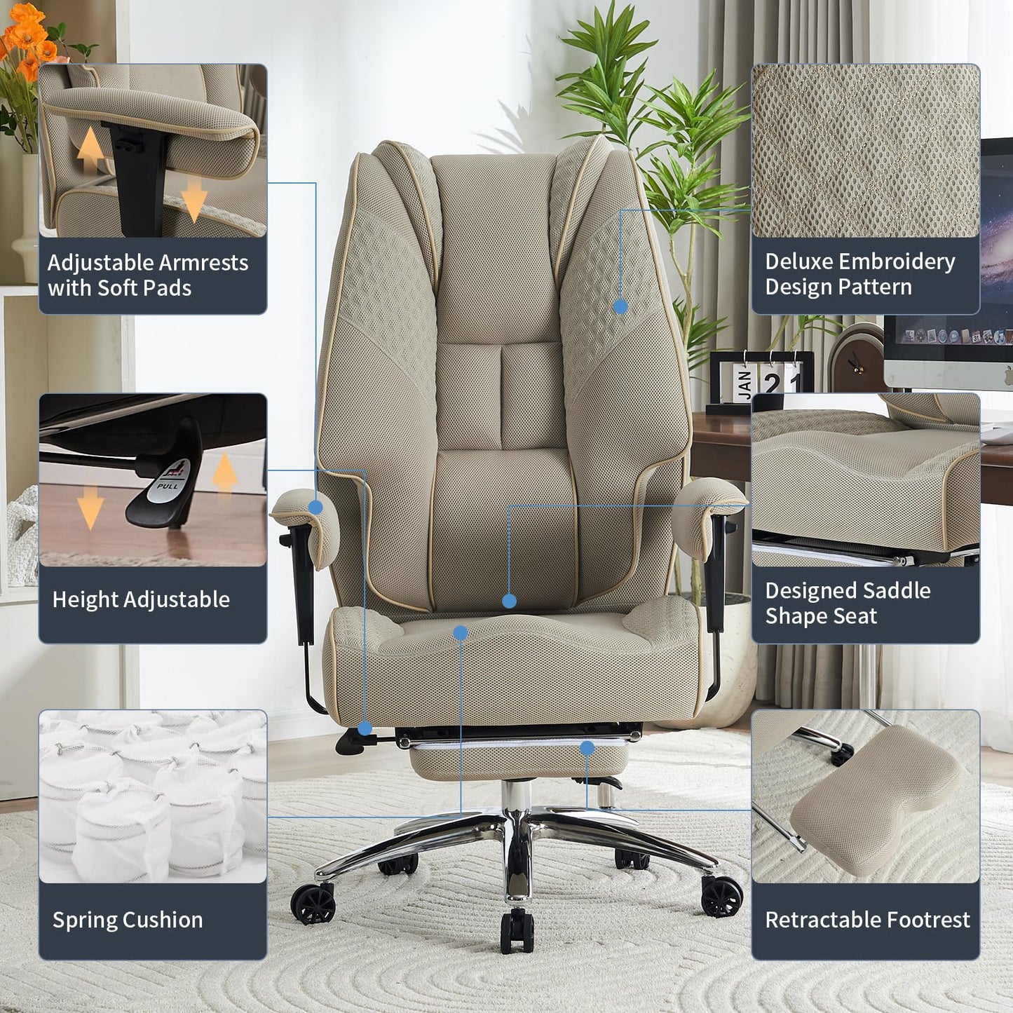 EXCEBET Big and Tall Office Chair 400lbs Wide Seat, Leather High Back Executive Office Chair with Foot Rest, Ergonomic Chairs Lumbar Support for Lower Back Pain Relief (Mesh Dark Beige)