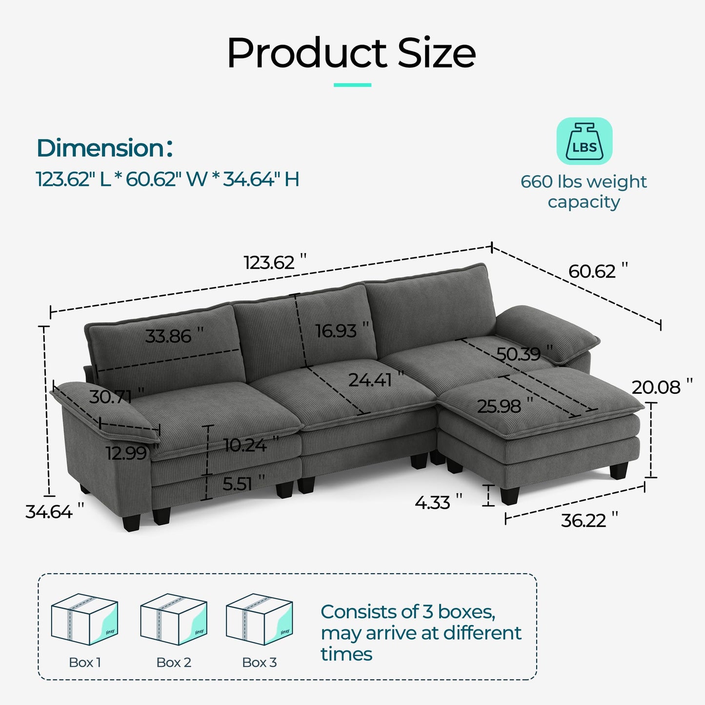 LINSY HOME 123'' Modular Sectional Sofa Grey Couch Corduroy Cloud Couches for Living Room, L Shaped Couch with Movable Ottoman, Modern Cloud Sectional Sofas for Bedroom and Apartment, Grey