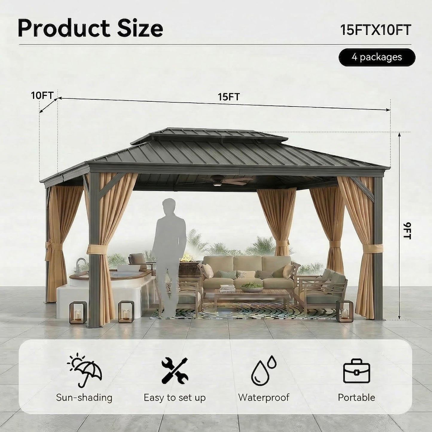 HOTEEL 10x15 Hardtop Gazebo with Flame-Retardant Curtain & Netting, Hot Tub Gazebo with Galvanized Steel Double Roof, Heavy Duty Permanent Pavilion Outdoor for Patio, Frame Thickened, Brown