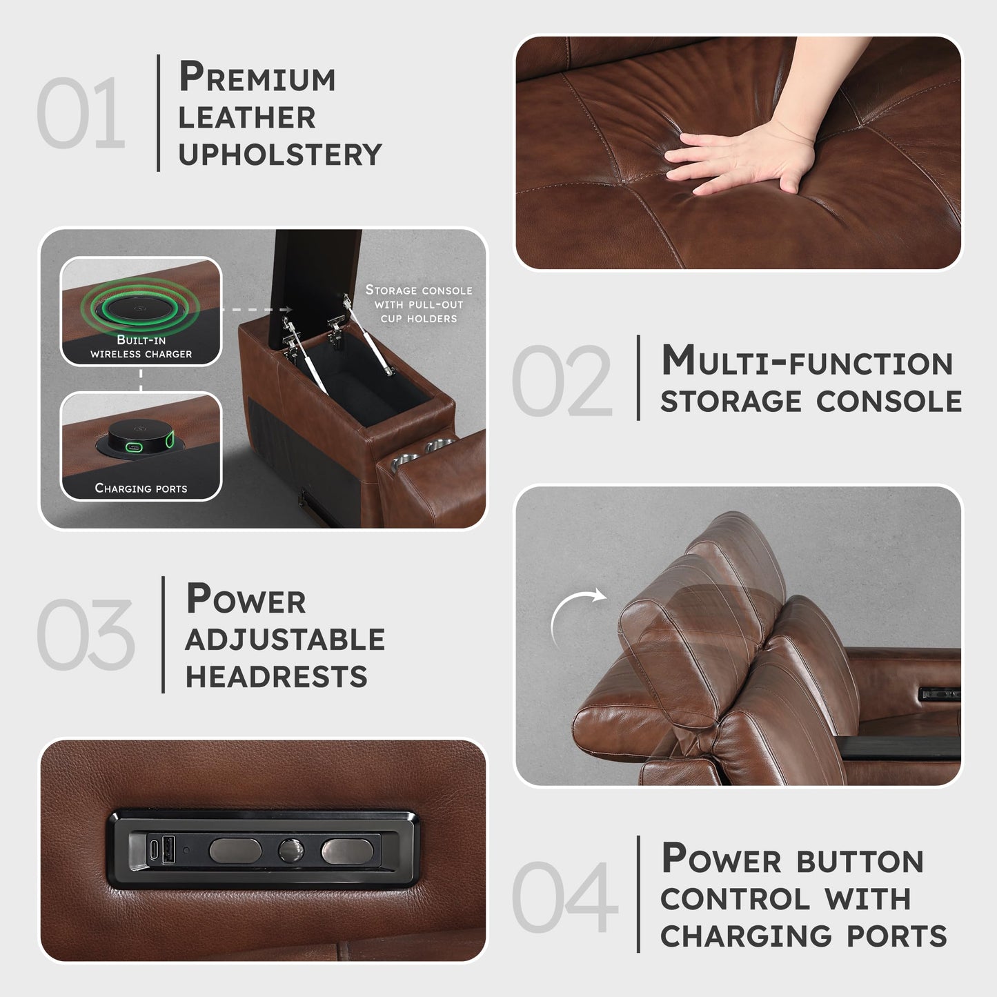 Lexicon Sectional Couches for Living Room-Modular Sectional Sofa, Power Double Reclining Loveseat with Center Console, Power Headrests, Charging Ports, Dual Cup Holders, Top Grain Leather Brown