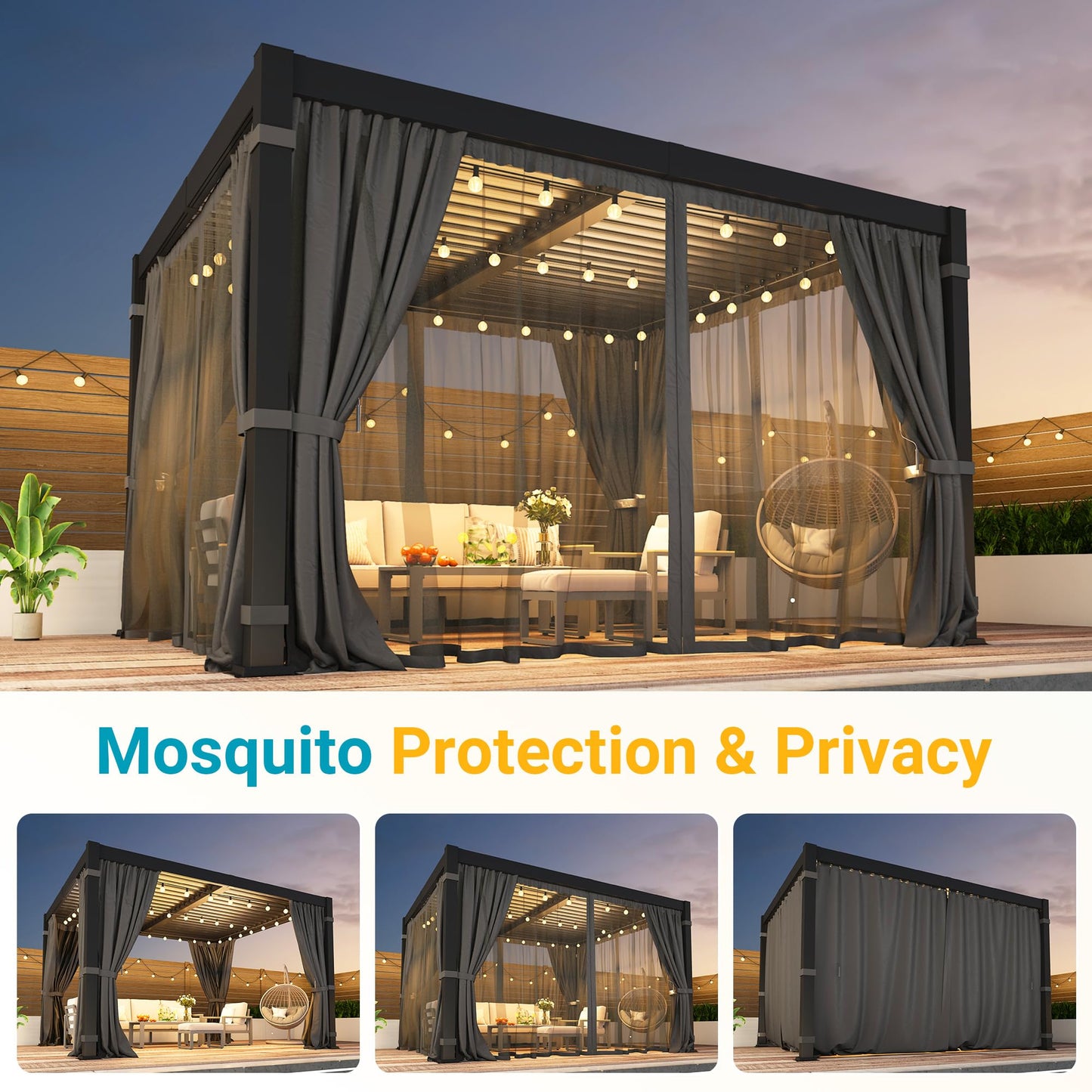 10' x 12' Louvered Pergola, Outdoor Pergola with Curtains & Netting, Metal Patio Pergola with Adjustable Louvers Roof and Gutter System, Metal Hardtop Gazebo for Patio, Deck, Garden, Yard, Dark Gray