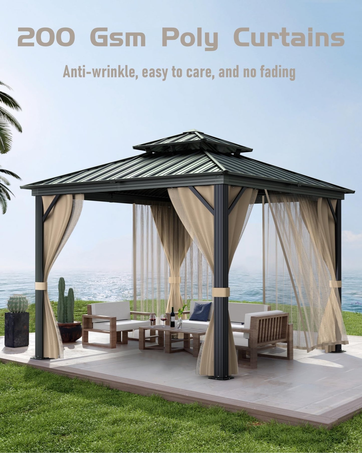 12x12 FT Hardtop Gazebo with Galvanized Steel Double Roof, Heavy-Duty Aluminum Frame Outdoor Gazebo Canopy with Mosquito Netting & Waterproof Curtains for Patio, Backyard, Deck & Lawn