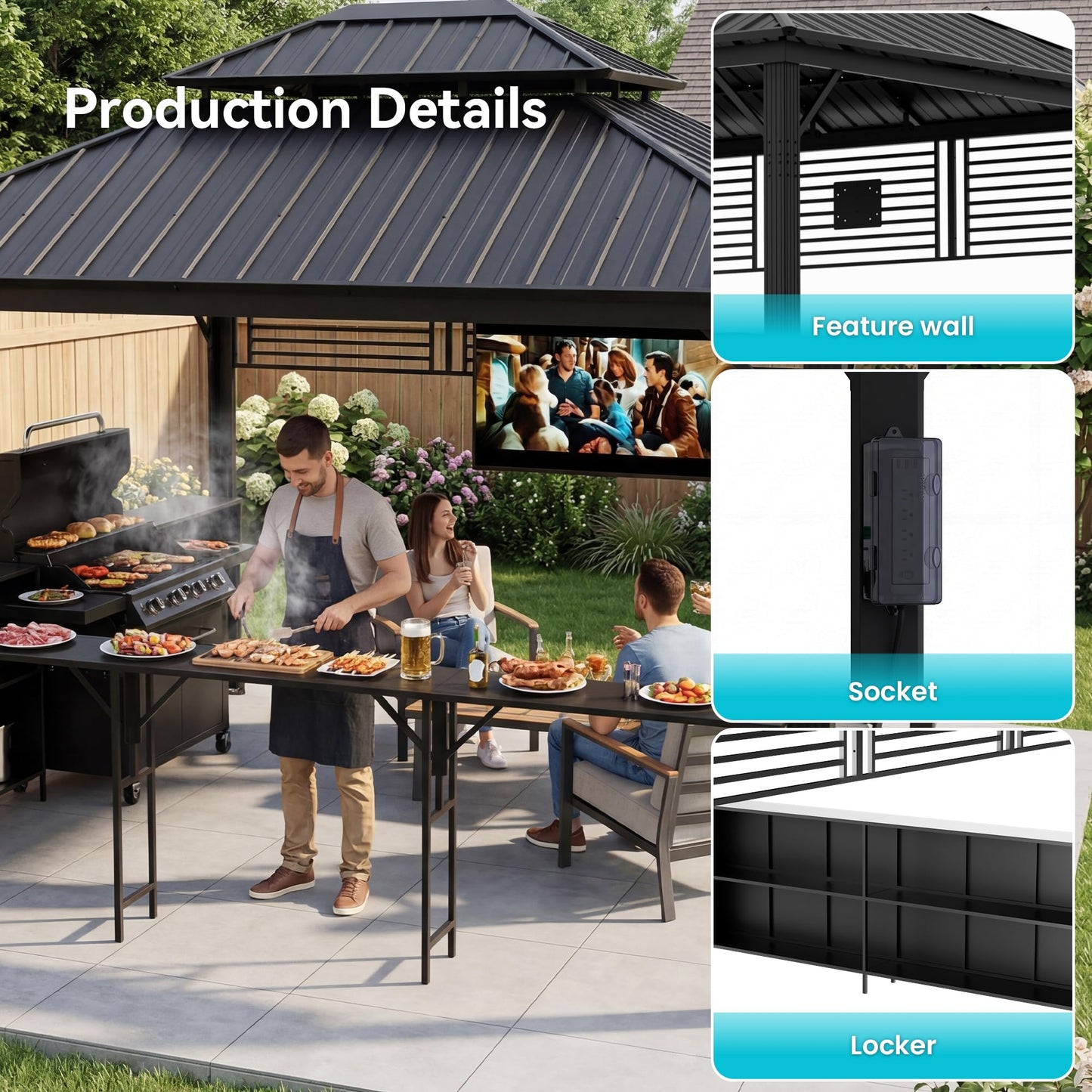 COSIEST 12x10 FT Hardtop Gazebo with Bar Counter, Heavy Duty Aluminum BBQ Grill Gazebo, Galvanized Steel Double Roof Permanent Outdoor Shelter, 15 PSF Snow Load, Black