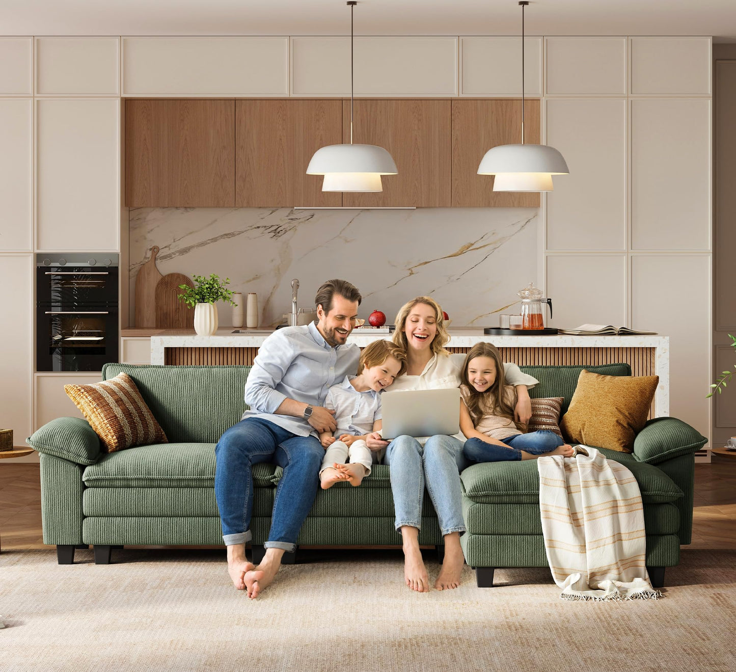 LINSY HOME 123'' Modular Sectional Sofa Green Couch Corduroy Cloud Couches for Living Room, L Shaped Couch with Movable Ottoman, Modern Cloud Sectional Sofas for Bedroom and Apartment, Green