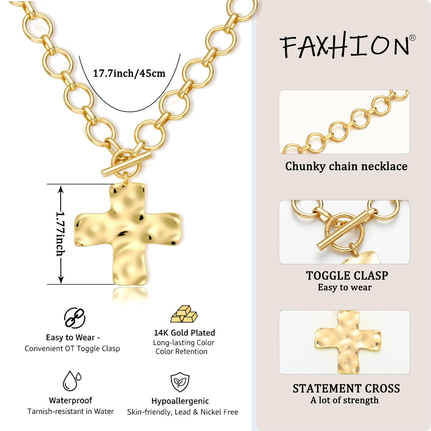 FAXHION Chunky Cross Necklace for Women, Gold Toggle Chain Statement Necklace with Hammered Cross Pendant, Vintage Chunky Necklace Jewelry Gift for Women
