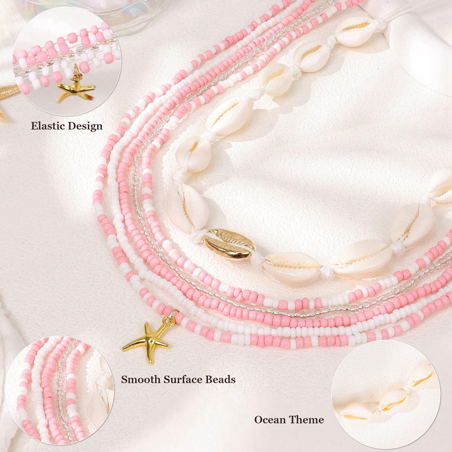 NICEIGHT 6Pcs Colorful Waist Beads Chain for Women Multi-layered Beaded Belly Chain Sexy Starfish Shell Chain for Waist Summer Beach Bikini Belly Body Chain Jewelry Pink