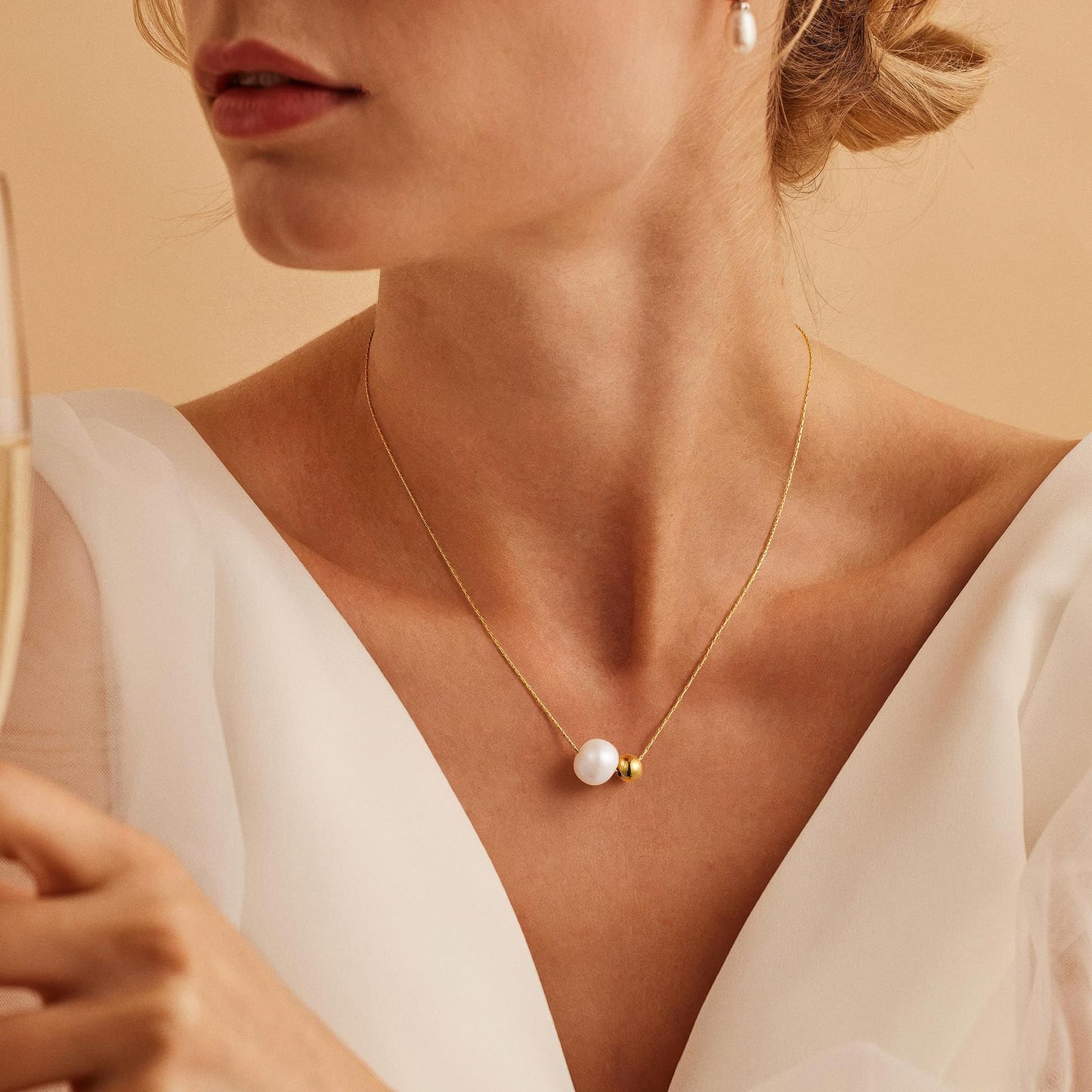 Rcidan Minimalist Pearl Pendant Necklace for Women, 14K Gold Plated Chain with Single Pearl & Bead Accent, Dainty Everyday Jewelry Gift