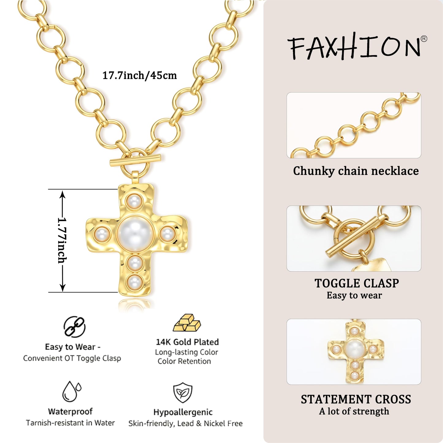 FAXHION Chunky Cross Necklace for Women, Gold Toggle Chain Statement Necklace with Hammered Cross Pendant, Vintage Chunky Necklace Jewelry Gift for Women