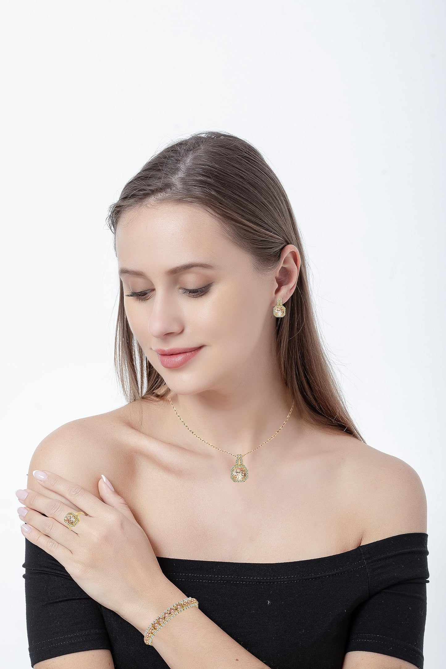 Paxuan 4pcs Cubic Zirconia Wedding Jewelry Sets for Bride Bridesmaid Cubic Zirconia Pendant Necklace Earrings Link Tennis Bracelet Open Ring Set for Women