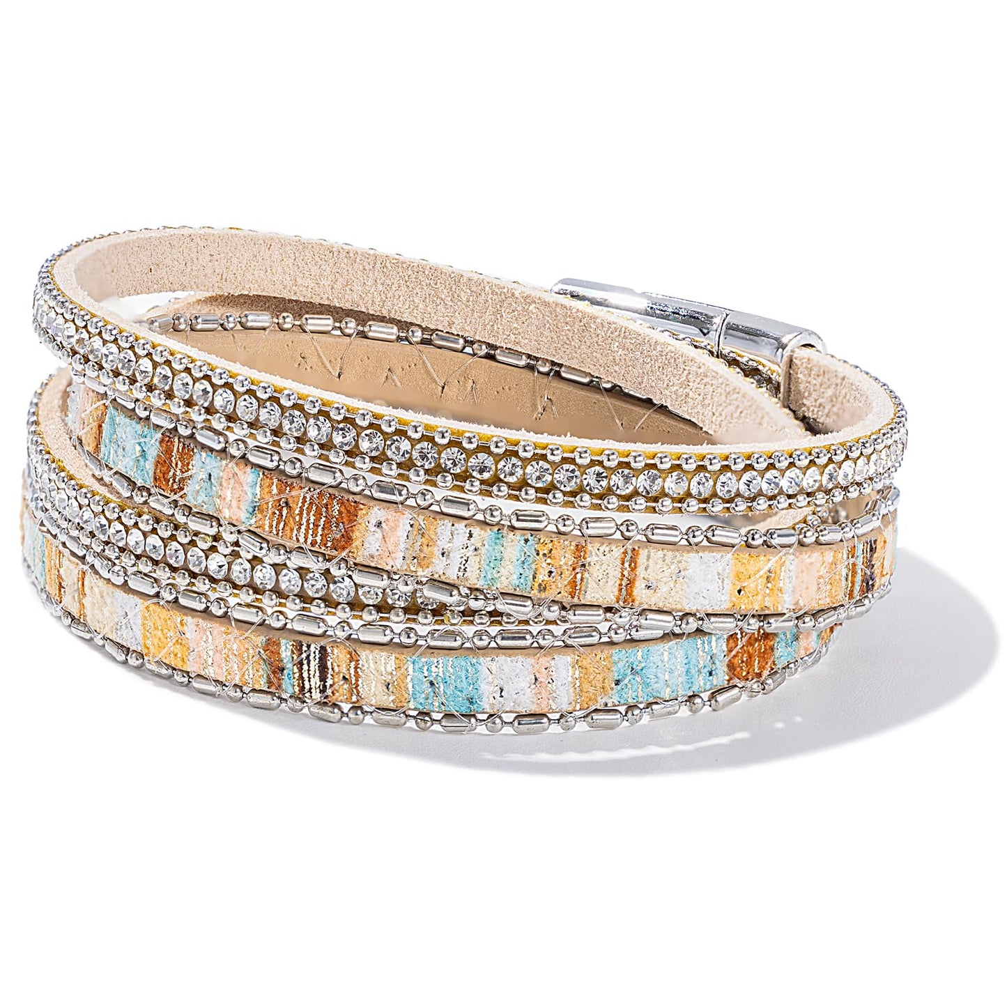 FANCY SHINY Boho Leather Wrap Bracelet Stackable Crystal Rhinestone Bangle Cuff with Magnetic Clasp Trendy Bohemian Jewelry for Women(Beige)