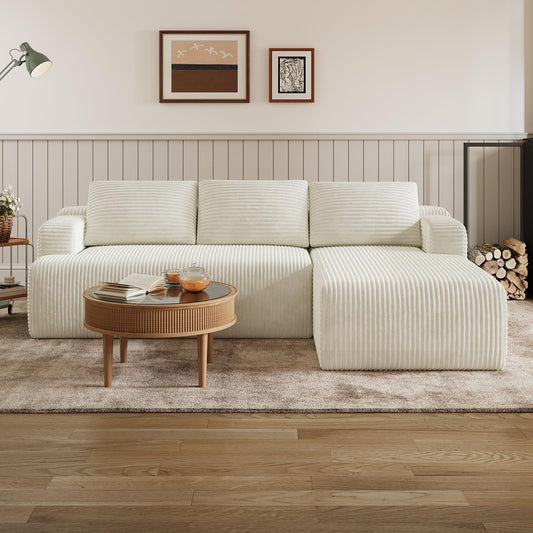 Novilla L-Shape Sectional Couches for Living Room with Smarts Coil® Support, 3 Seater Sectional Sofas for Living Room Bedroom, Corduroy Cloud Couch Sectional, No Assembly(Beige, Right Hand Facing)