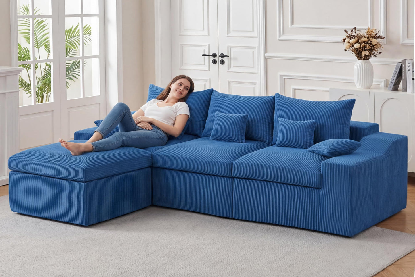 HABUTWAY 104" L Shaped Cloud Sectional Couch, Boneless Modular Sectional Sofa with Deep Seat, Corduroy Couches for Living Room, Modular Couch, No Assembly Required (Blue)