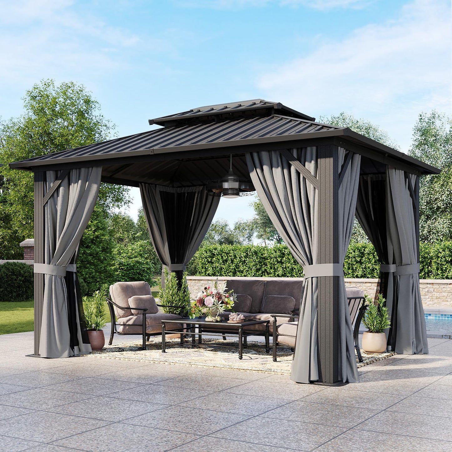 Aoxun 10'x12' Hardtop Gazebo, Aluminum Frame Canopy with Double Galvanized Steel Roof, Outdoor Metal Pavilion with Netting Curtains and 20 inch Ceiling Fans with Lights for Backyard, Patio and Deck