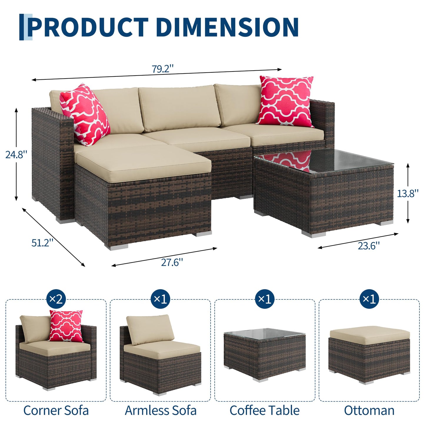 GAOMON 5-Piece All-Weather Patio Furniture Set, Convertible Outdoor Sectional Sofa with Ottoman & Tempered Glass Table, PE Rattan Conversation Set for Garden, Backyard, Porch, Poolside