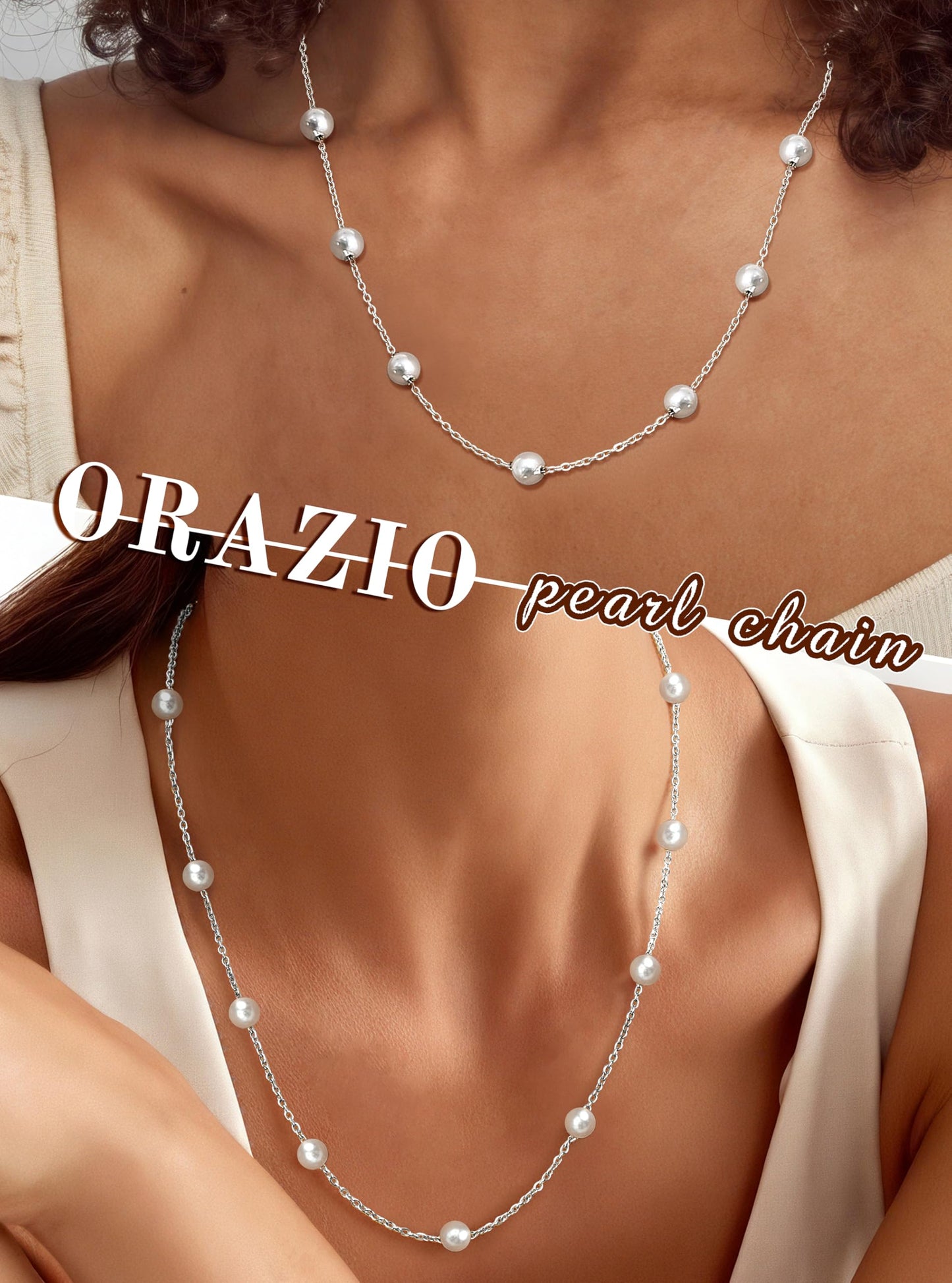 ORAZIO Dainty Gold Pearl Necklaces for Women, Silver Plated Faux Pearl Choker Necklaces Trendy Small Pearl Necklace Strand Wedding Prom Bridal Pearls Jewelry Gifts 20 in 8mm