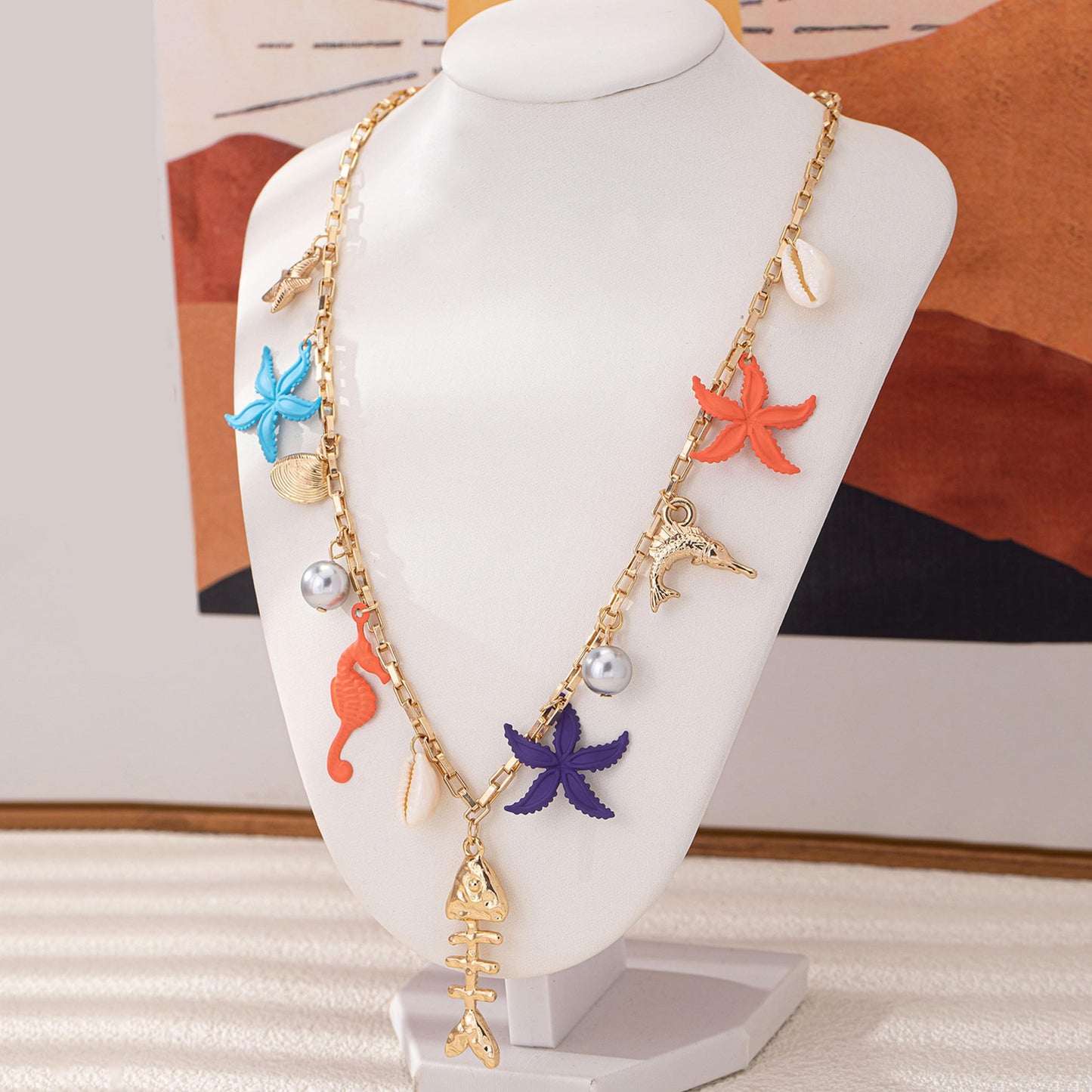 Gold Fish Charm Necklace for Women Shell Starfish Dolphin Seahorse Fishbone Pearl Seashell Pendant Necklace Fashion Trendy Chic Ocean Beach Summer Holiday Jewelry (Multicolour)