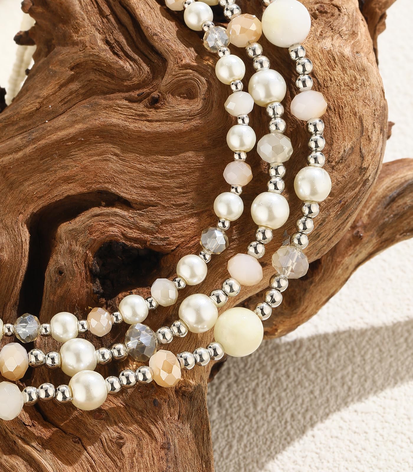 Noessla Beaded Statement Necklaces for Women Layered Chunky Bead Necklace Fashion Costume Jewelry Gifts for Mom(Beige)