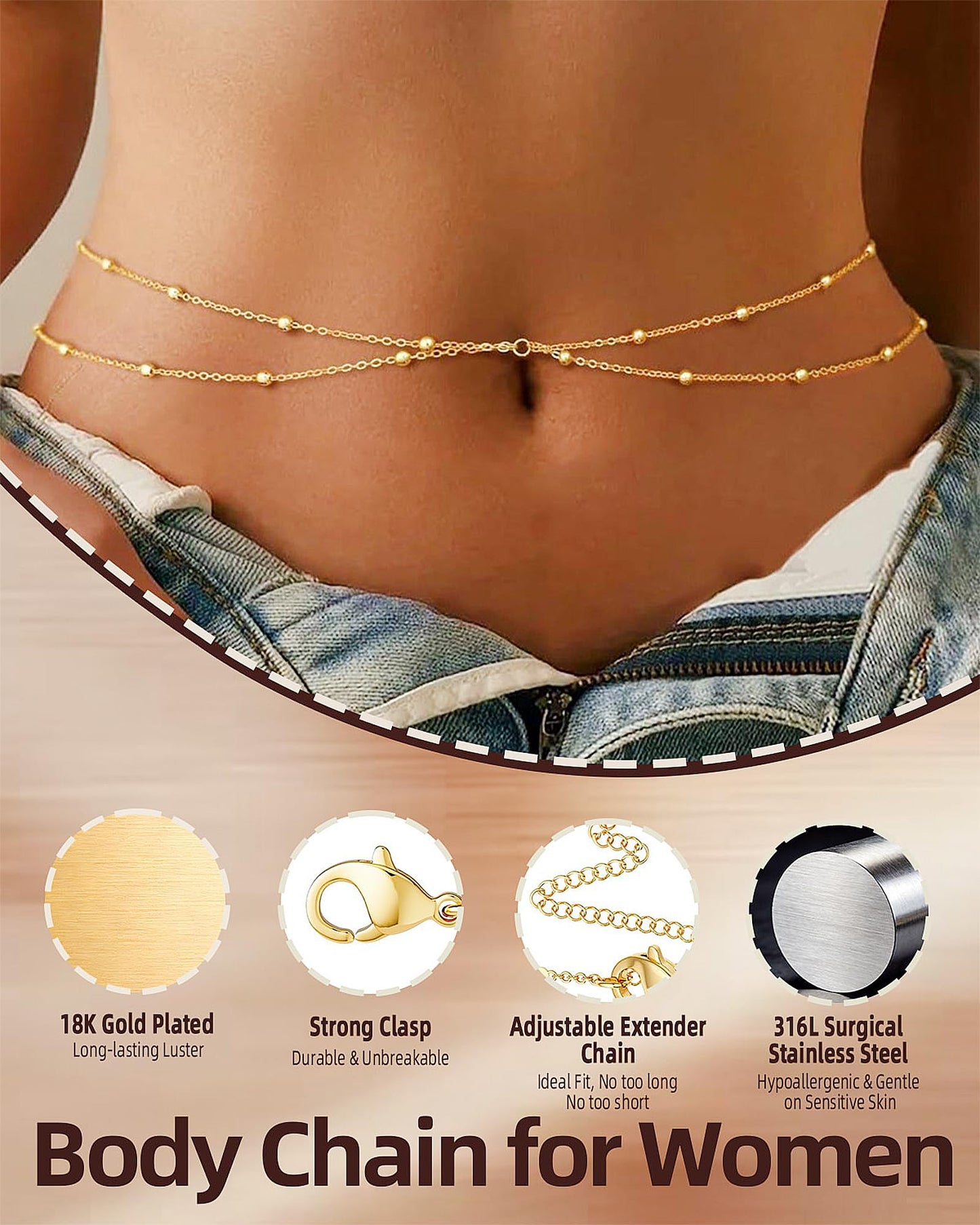 Gold Waist Chain for Women: Belly Beaded Body Chain Jewelry Waterproof for Stomach Belt Hip Fashion Beach Bikini Summer Jewelry Plus Size Hypoallergenic Surgical Stainless Steel 18K Gold