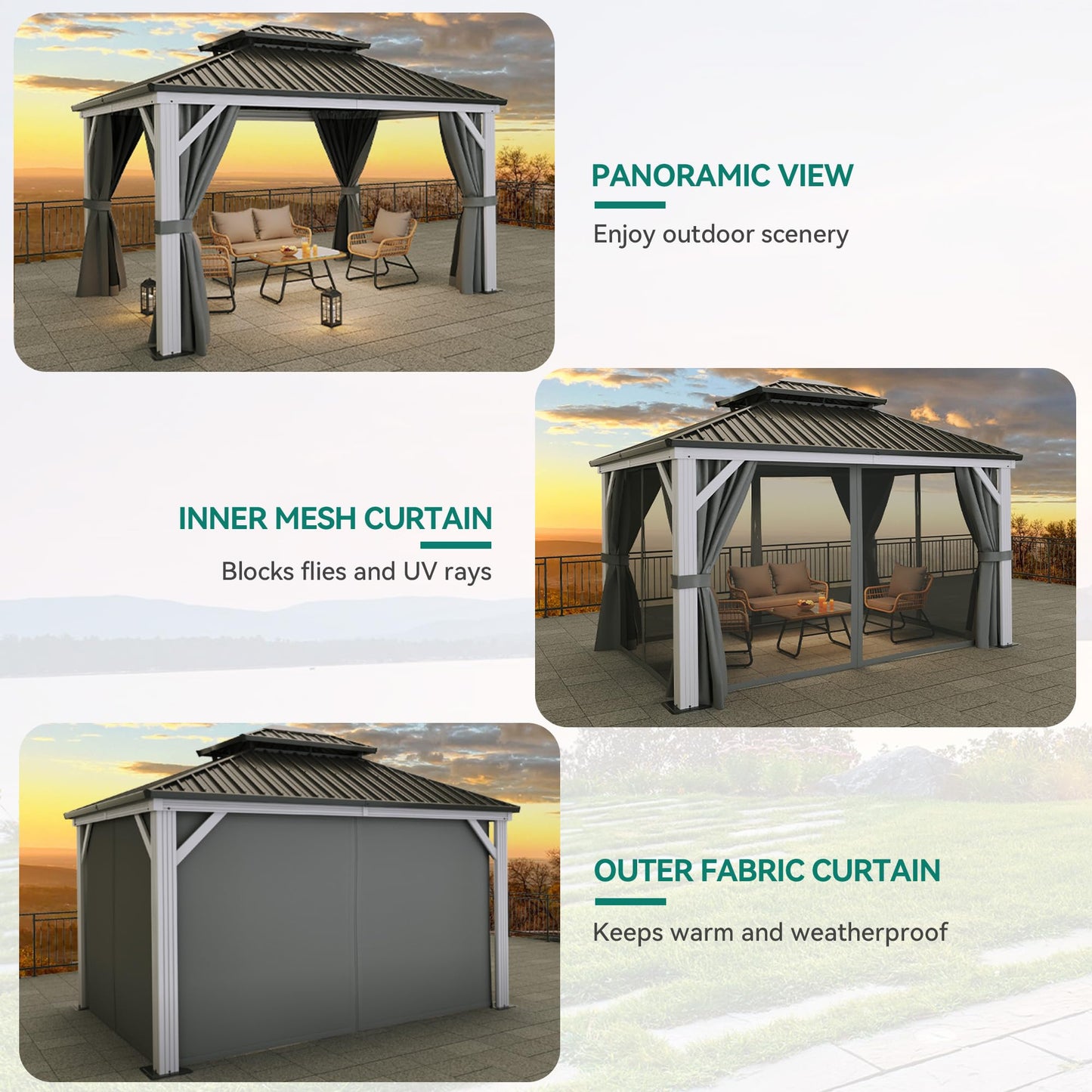 YITAHOME 10X12FT White Hardtop Metal Gazebo Patios Double Roof Canopy Aluminum Frame Garden Gazebo Tent Curtains Netting for Patios Backyards Decks Lawns