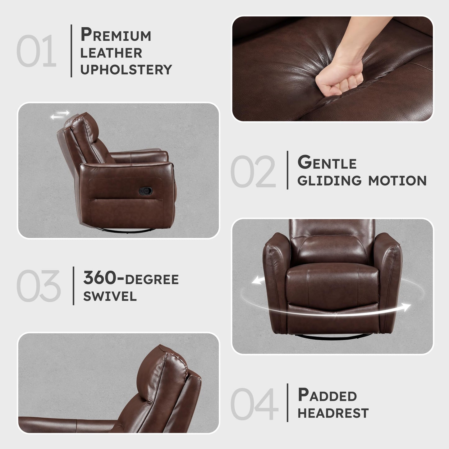 Lexicon Swivel Glider Reclining Chair, Top Grain Leather Match Manual Recliner, Comfy Nursery Glider Recliner, Swivel Reclining Chair for Living Room/Office/Bedroom/Apartment, Brown