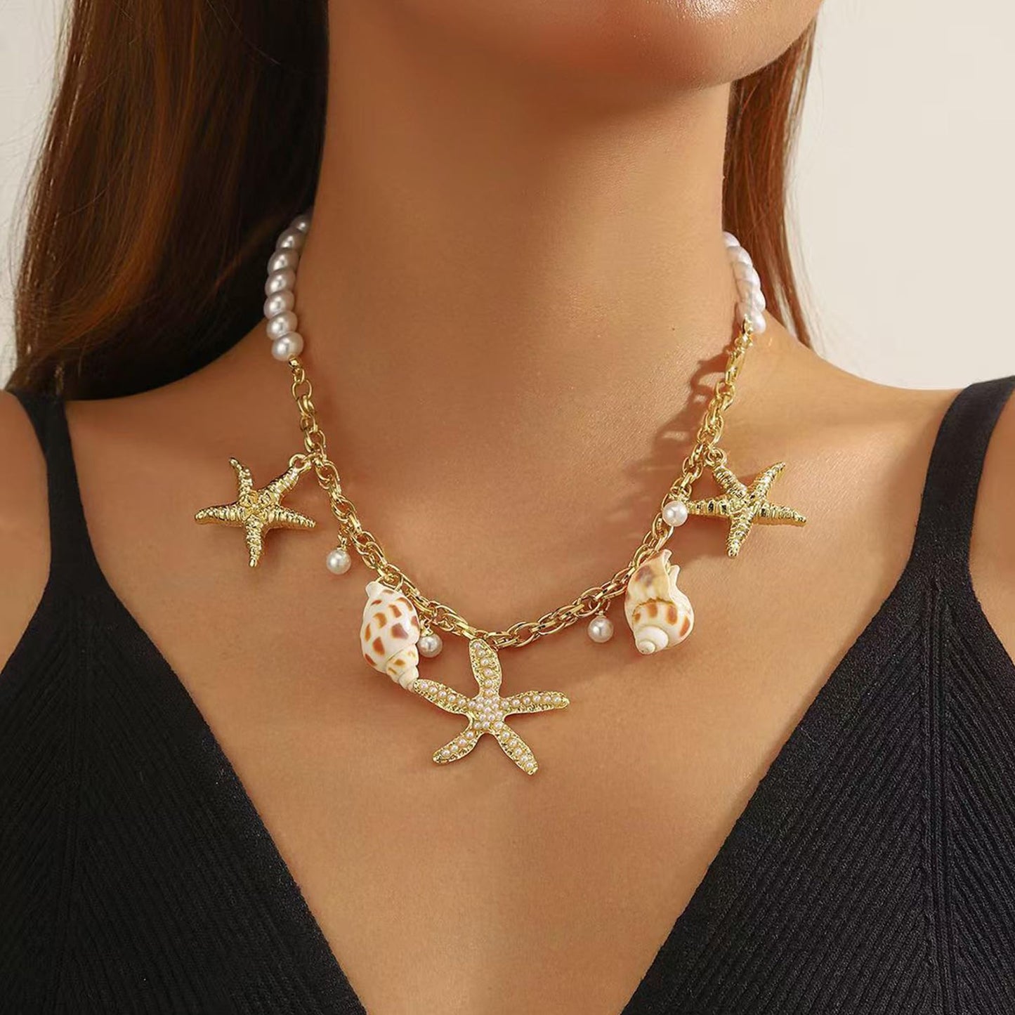 HLZMZQF Gold Starfish Shell Pendant Layered Necklaces Conch Charm Necklace for Women Boho Beach Trendy jewelry (gold starfish conch)