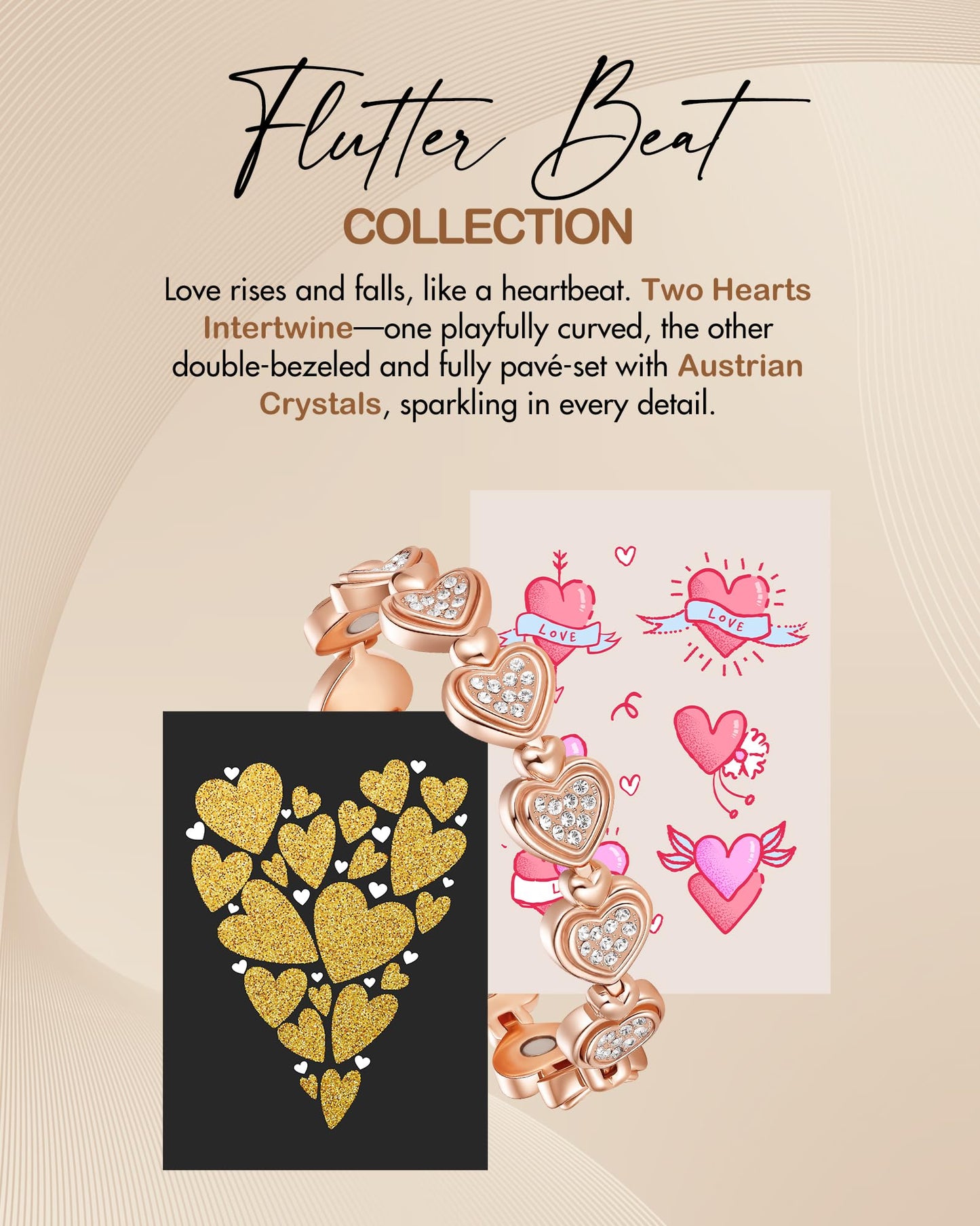 Feraco Pure Copper Bracelets for Women, Ultra Strength Magnetic Bracelet for Women with 3800 Gauss Magnet & Dazzling Austrian Crystals Stone, Heart-Shaped (Rose Gold, 7.68 inches (19.5cm))