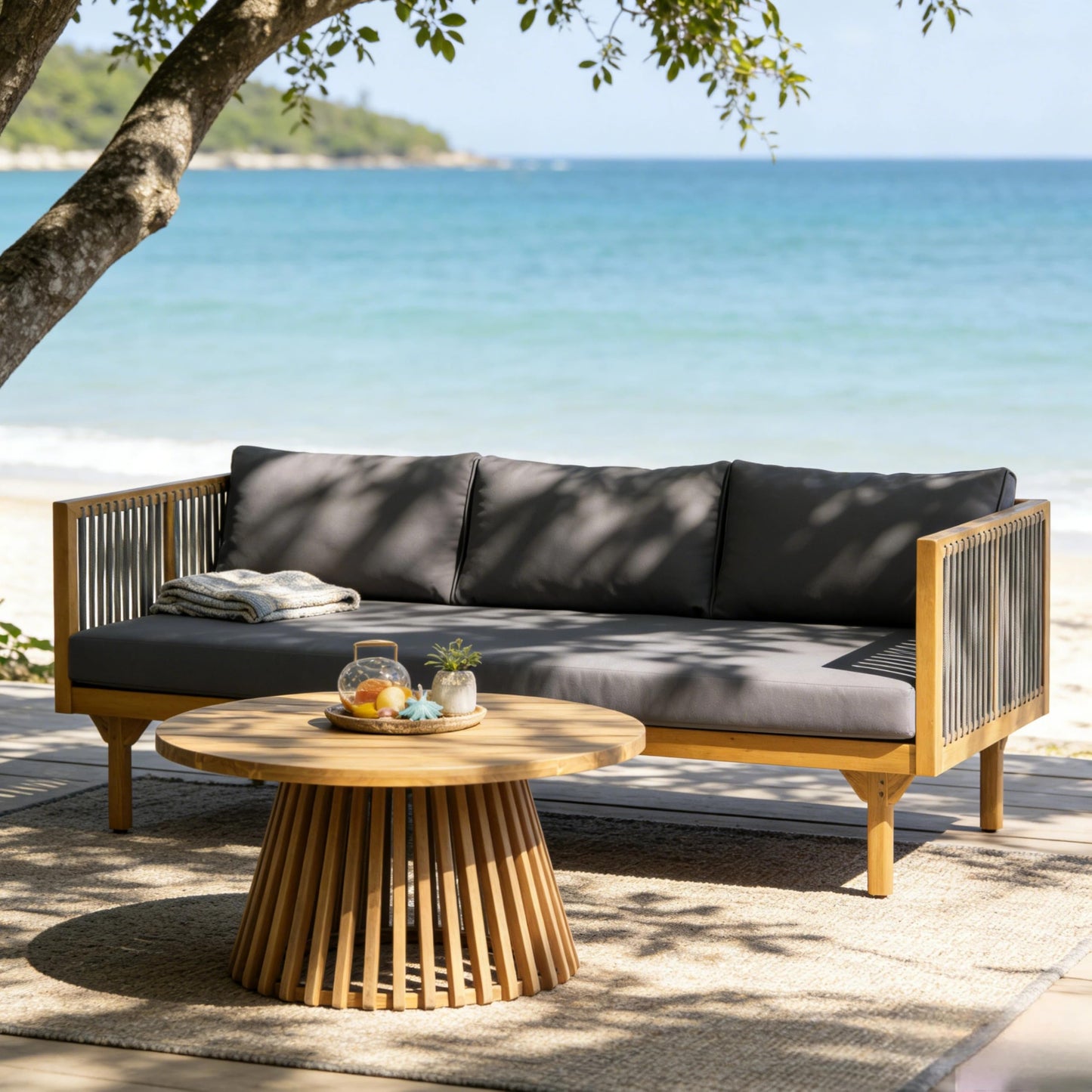 Merax Outdoor Acacia Wood Conversation Set - Patio 3-Seat Loveseat Sofa w/Coushion and Round Coffee Table for Backyard, Lawn, Balcony, Water Repellent, 600 lbs Sofa Capacity, Teak + Gray