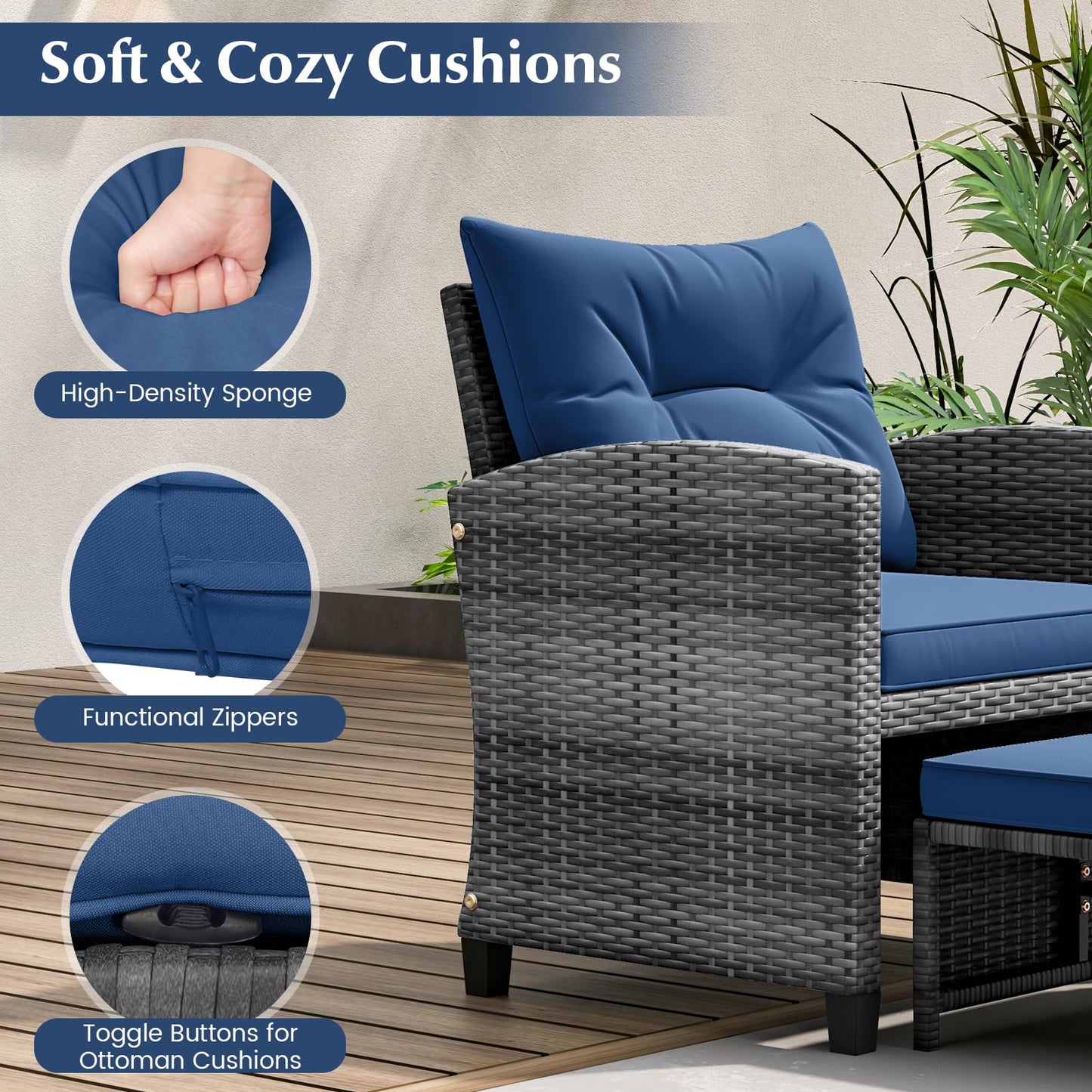 Tangkula 5 Pieces Patio Conversation Set, PE Wicker Rattan Outdoor Furniture Set with 2 Chairs, 2 Ottomans & Tempered Glass Coffee Table, Ideal for Poolside, Backyard, Lawn, Deck, Mix Grey & Navy
