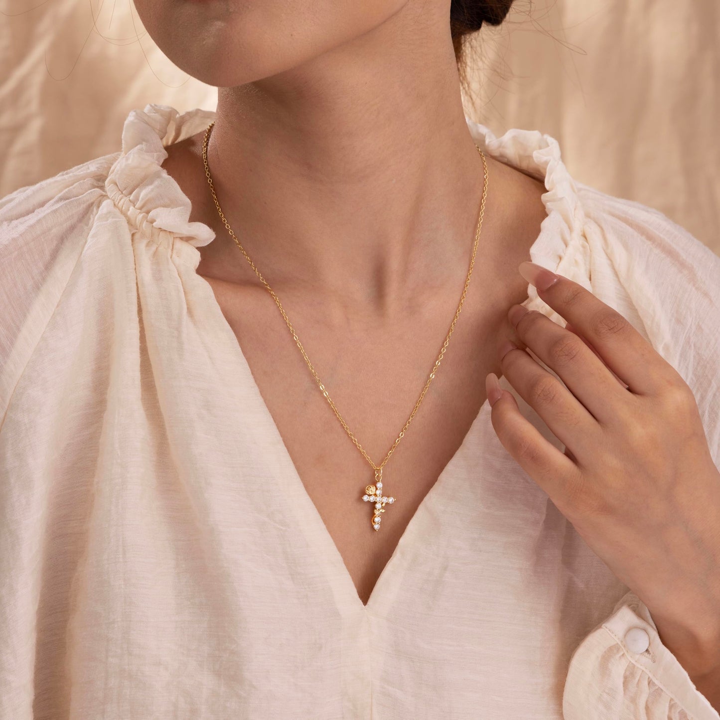 Robaice Flower Cross Necklace for Women, 14K Gold Plated Dainty Cubic Zirconia Faith Cross Pendant, Christian Religious Jewelry Gifts