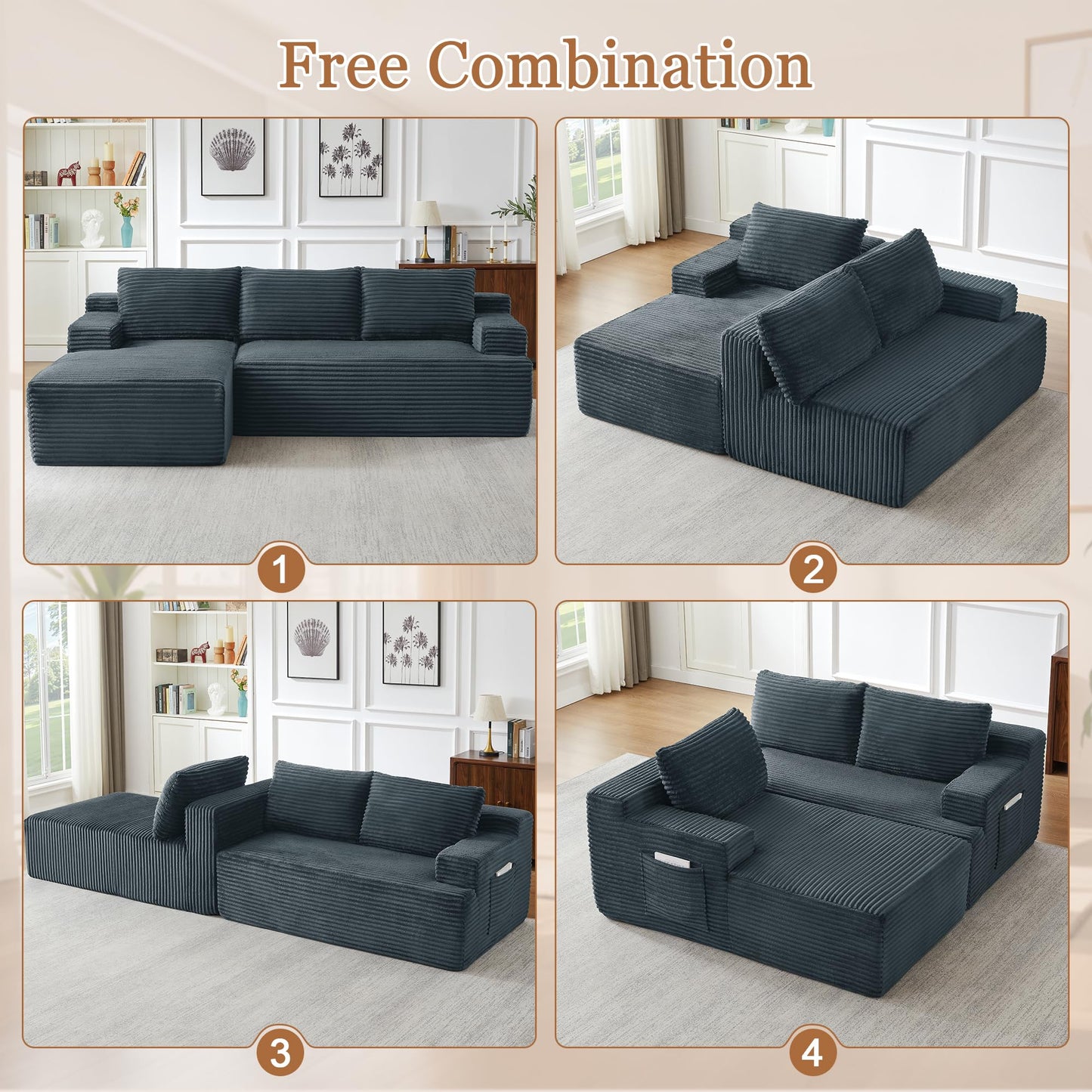 96" L Shaped Cloud Sectional Couch with Chaise, Deep Seat Modular Sectional Sofa Corduroy Memory Foam Sofa Boneless Couches for Living Room Bedroom, No Assembly Required