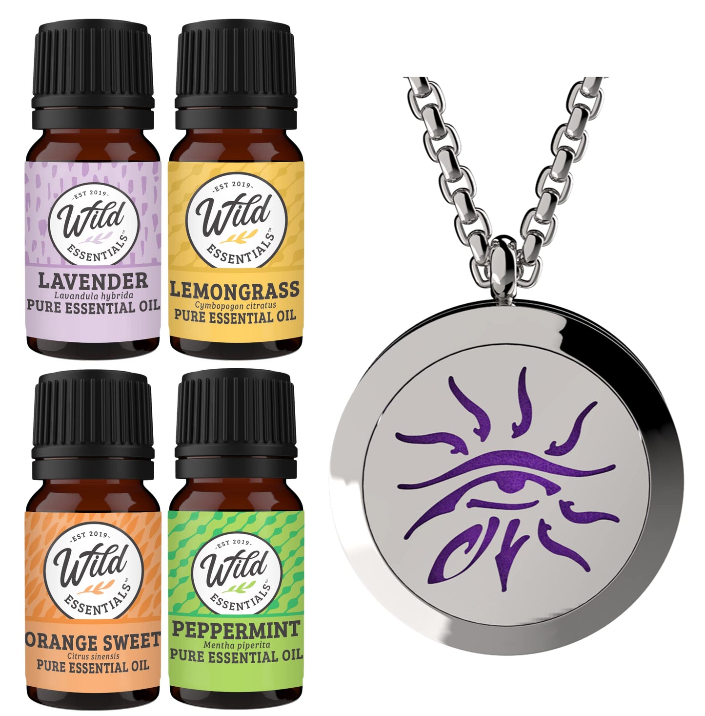 Wild Essentials Wisdom Eye Necklace Essential Oil Diffuser Kit with Lavender, Lemongrass, Peppermint, Orange Oils, 12 Refill Pads, Calming Aromatherapy Gift Set, Customizable Color Changing, Perfume