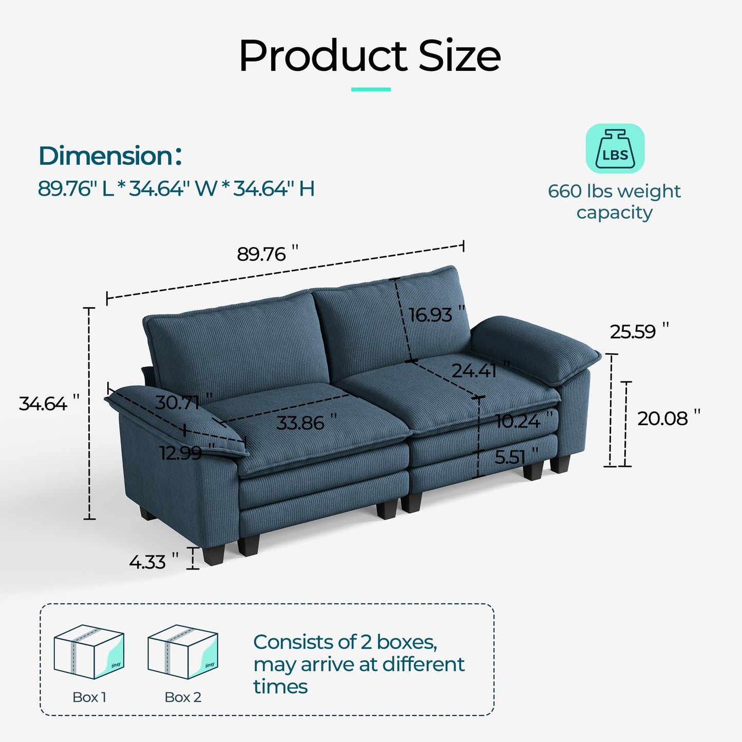LINSY HOME 90'' Cloud Loveseat Sofa, Modular Sectional Couches Corduroy Cloud Couch Soft Modern Comfy Love Seat Sofa Set for Living Room Apartment Office, Blue