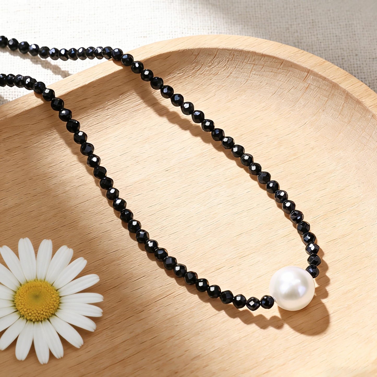 GEMTAL Pearl Necklaces for Women, Single Pearl Necklace Natural Gemstone Necklace Womens Black Stone Beaded Choker, Dainty Round Freshwater Pearl Drop Necklace Handmade Jewelry Gift Valentines Birthday Anniversary 18inch