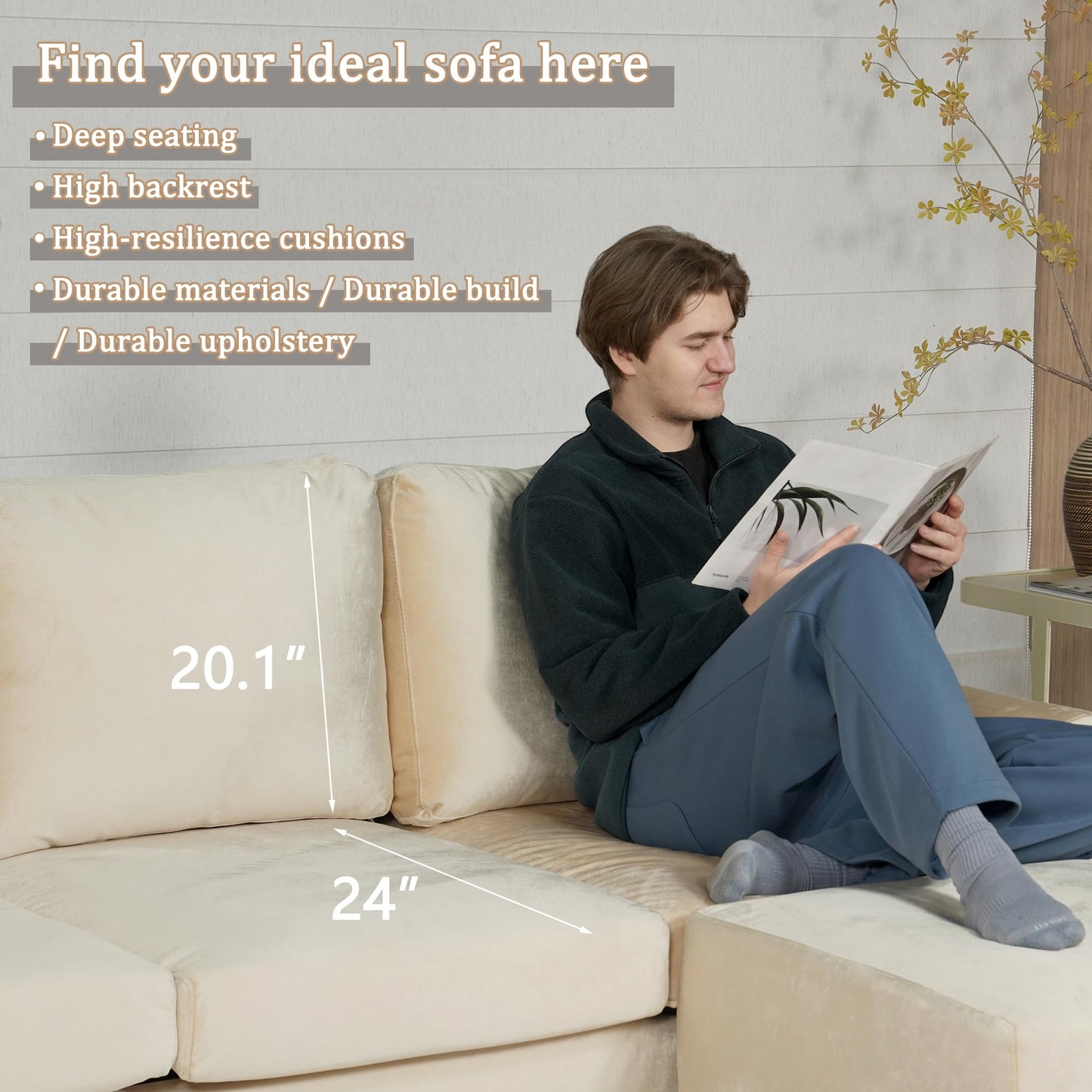EASE MOOSE Large Seat Velvet L-Shaped Sofa, Soft 4 Seat Couch with Reversible Chaise, Comfy Sectional Modular Sofa with Removable Washable Covers for Living Room and Small Space, Beige