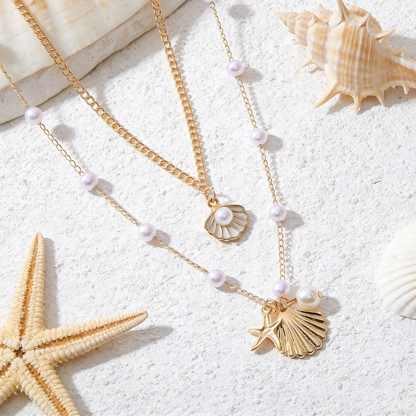 KummerSaprk Seashell Necklace Summer Vacation Jewelry for Women Gold Beachy Necklace Stack Starfish Flower Cowrie Sea Shell Pendant Necklaces Summer Essentials Accessories Gifts
