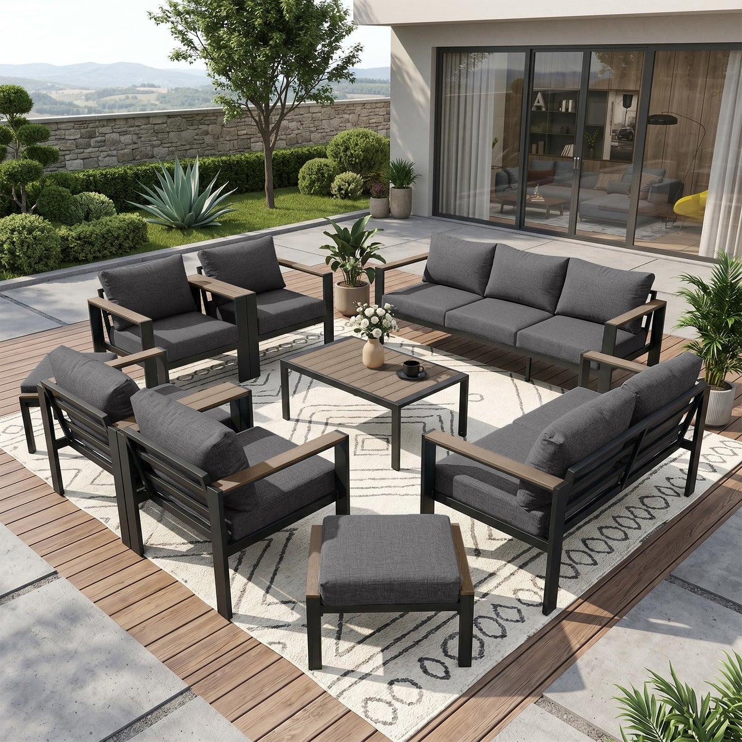 SAILARY Outdoor Patio Furniture Set 9 Pieces Luxury Aluminum Patio Conversation Set with Coffee Table and 2 Ottoman 11 Seats, Thick Cushions, Large Sectional Sofa for Porch, Balcony, Yard, Dark Gray