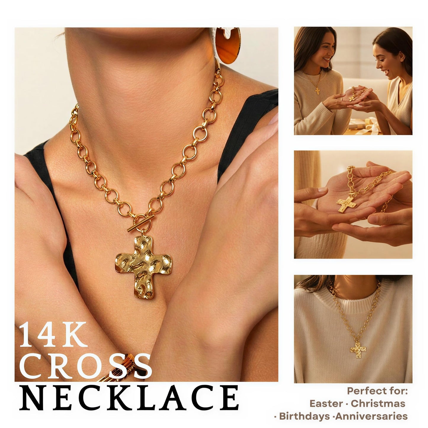 FAXHION Chunky Cross Necklace for Women, Gold Toggle Chain Statement Necklace with Hammered Cross Pendant, Vintage Chunky Necklace Jewelry Gift for Women