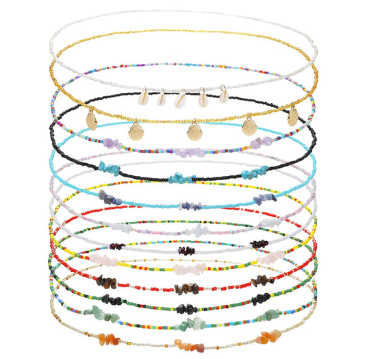 Waist Beads With Crystals Colorful African Waist Beads Boho Beads Waist Chains Energy Stone Beaded Body Chains for Women 12 Pcs