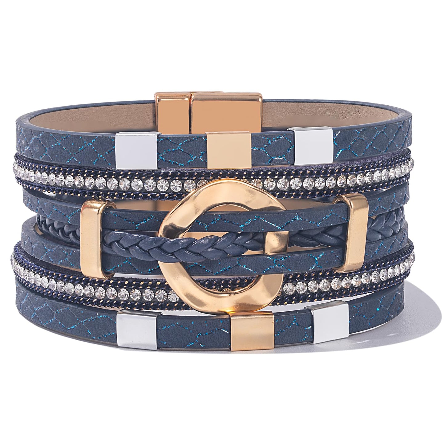 FANCY SHINY Boho Leather Wrap Bracelets Circle Square Bead Braided Handmade Stackable Bracelet Trendy Cuff Bangle for Women(Blue)