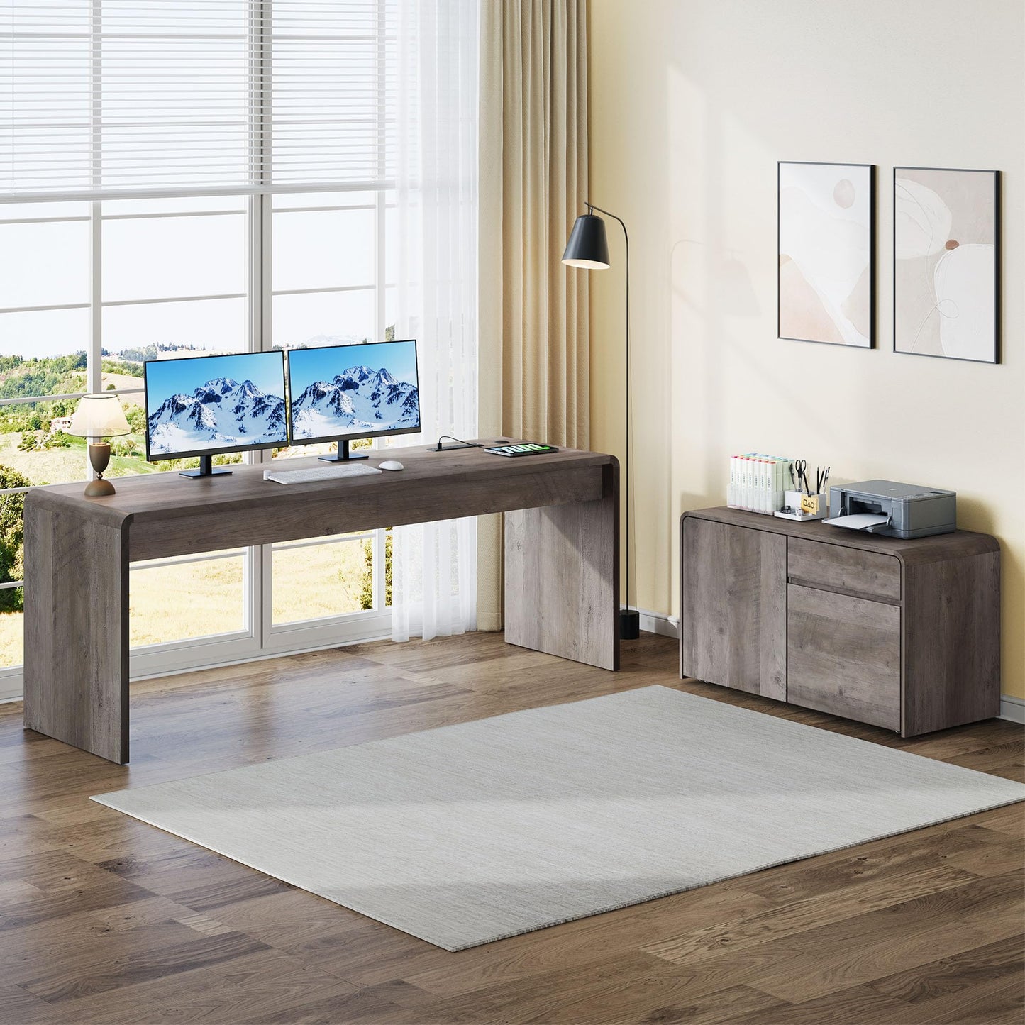 Homiflex Mid-Century Modern 78" L-Shaped Executive Desk with Independent Mobile File Cabinet, Large Home Office Desk with Drawers and 4 AC + 2 USB Power Outlets, Waterfall Edge Design, Oak Grey