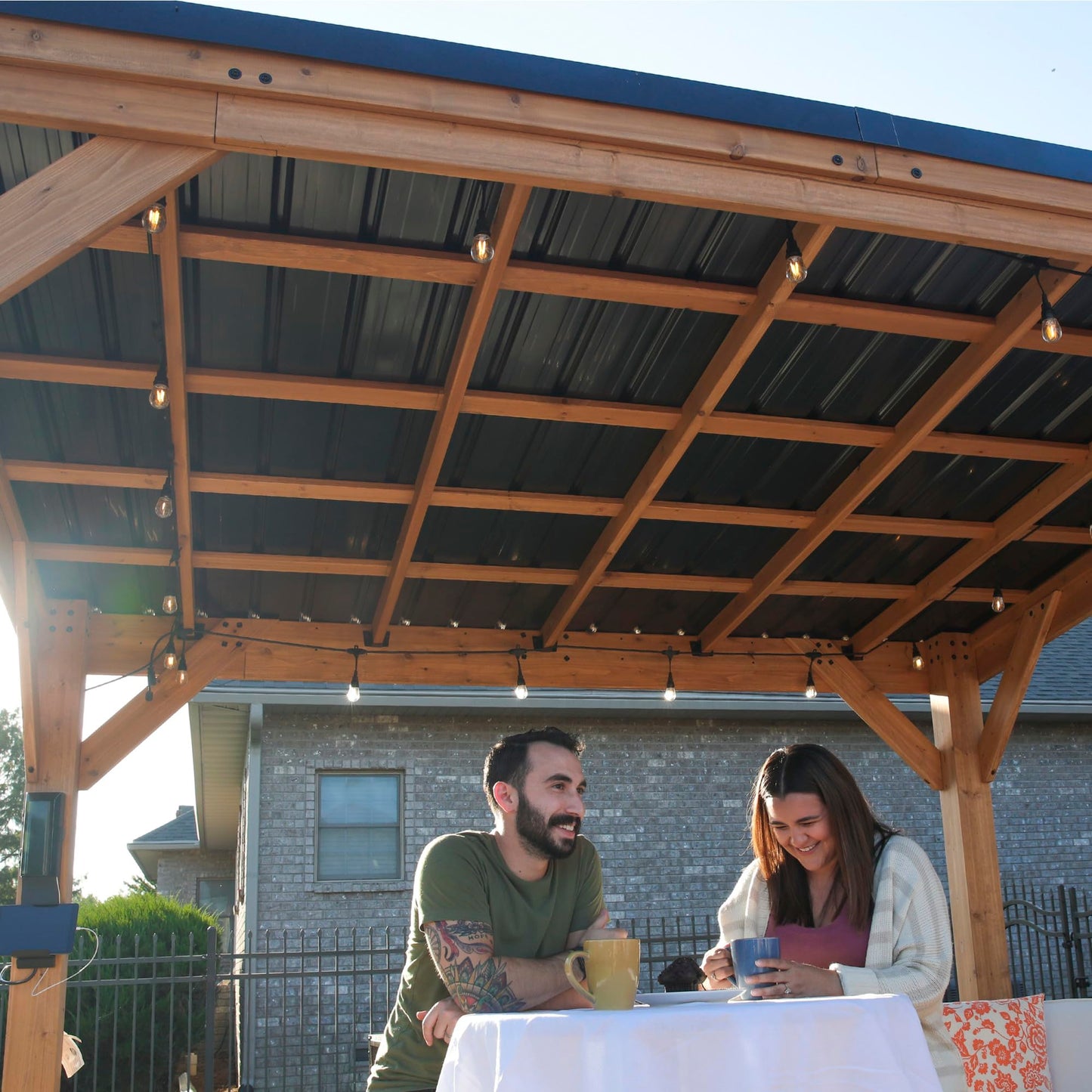 Backyard Discovery Arcadia 12' x 9.5' Cedar Wood Outdoor Gazebo Pavilion with Hardtop Galvanized Steel Slope Roof, Snow Support, Wind Resistance, PowerPort, Shade for Garden, Patio, Deck, Entertaining