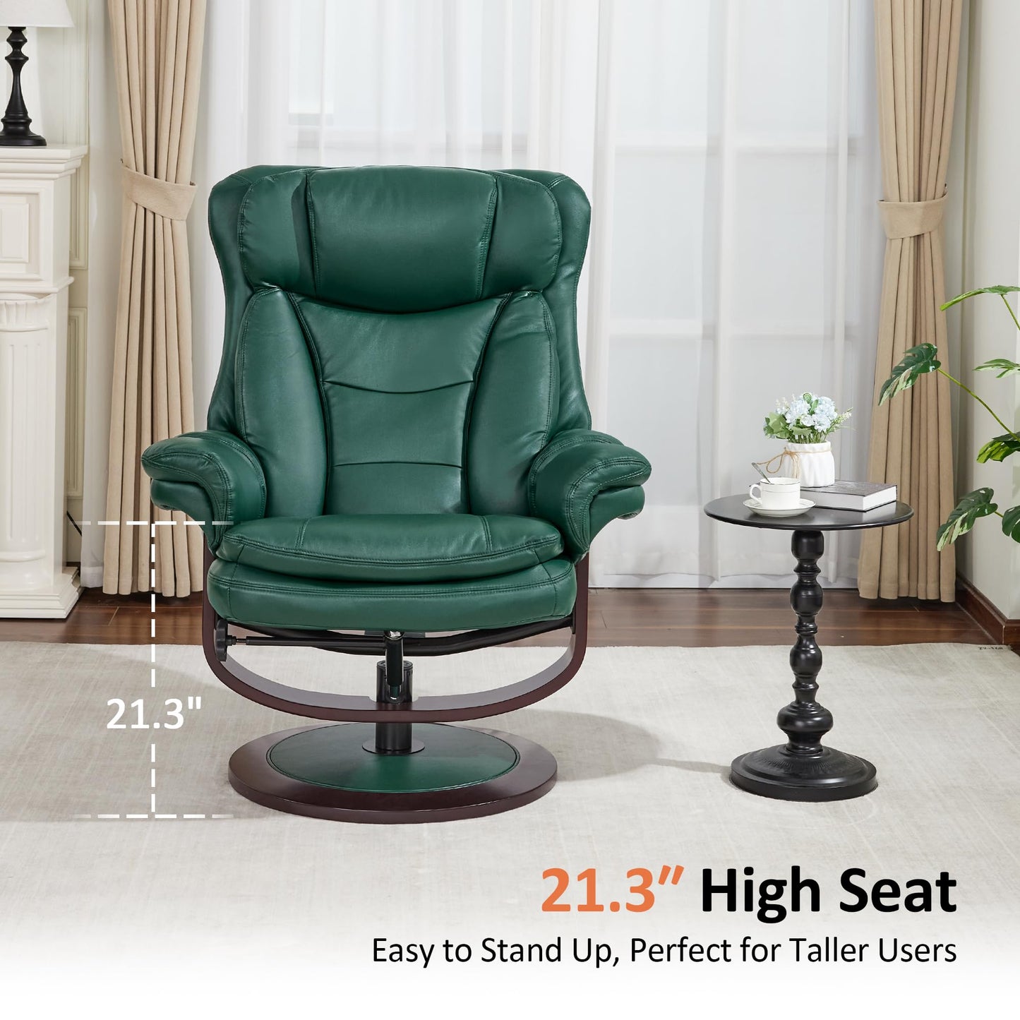 MCombo Oversized Swivel Recliner Chair with Ottoman, Adjustable Backrest, 360° Wood Base, High Seat, Faux Leather Lounge Chair for Tall Users in Living Room, Bedroom, or Office 4651 (Green)