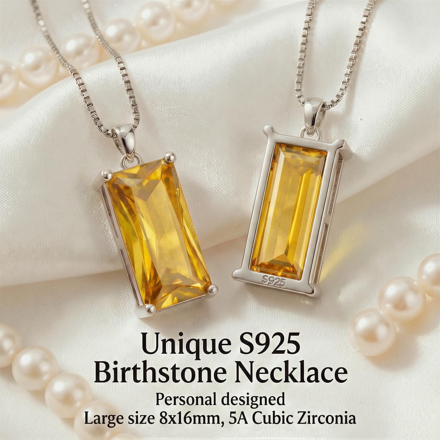 Kuschelkatze 8mm x 16mm Square November Birthstone Citrine Pendant Necklace – Fashion charming Sterling Silver Gift for women