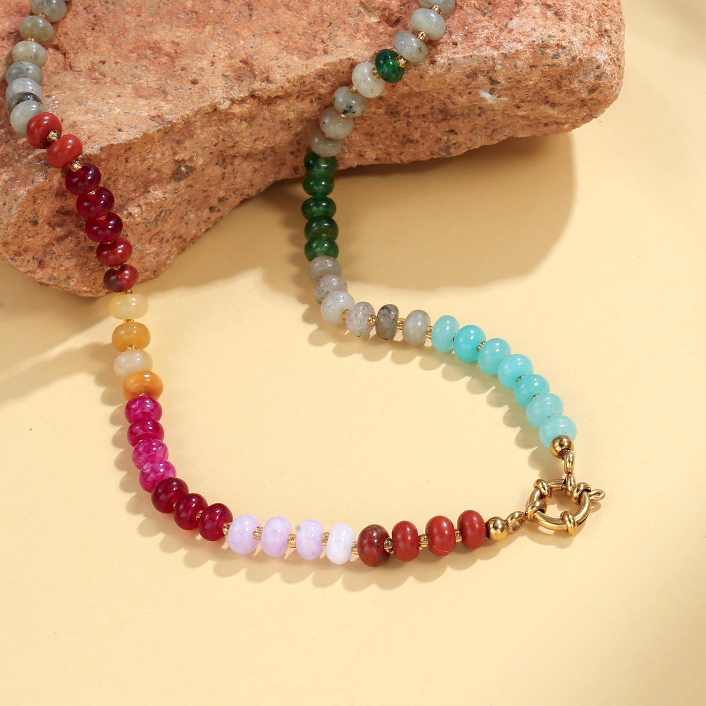 Badu Colorful Gemstone Beaded Necklace for Women Natural Stone Bead Beach Rainbow Choker Necklace Fashion Trendy Jewelry Gifts
