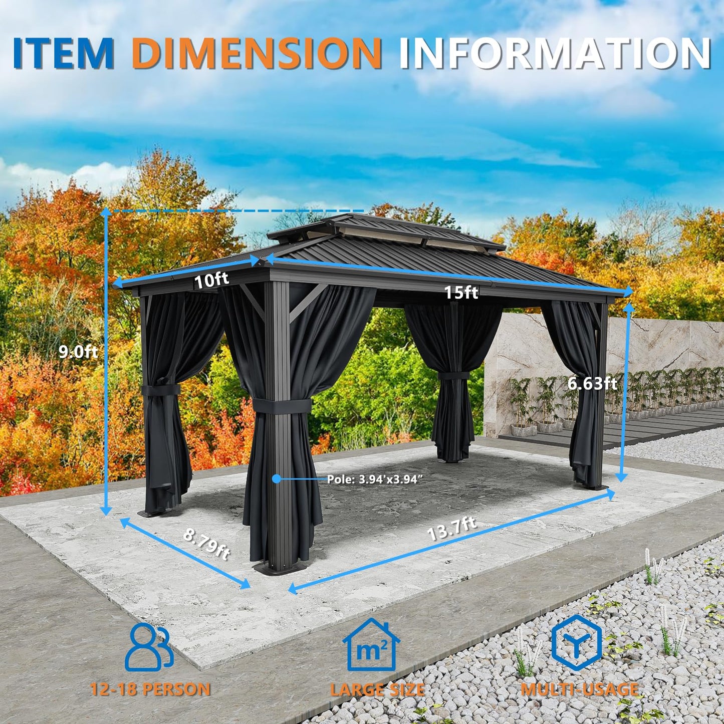 HOTEEL 10x15 Hardtop Gazebo On Clearance with Heavy Duty Galvanized Steel Metal Roof, Patio Hard Top Gazebo with Curtains & Netting,Outdoor Permanent Hot tub Gazebo Pavillon for Backyard,Deck,Black