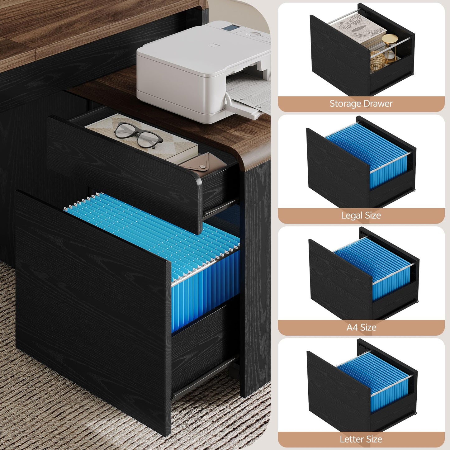Homiflex Mid-Century Modern 78" L-Shaped Executive Desk with Independent Mobile File Cabinet, Large Home Office Desk with Drawers and 4 AC + 2 USB Power Outlets, Waterfall Edge Design, Black & Walnut