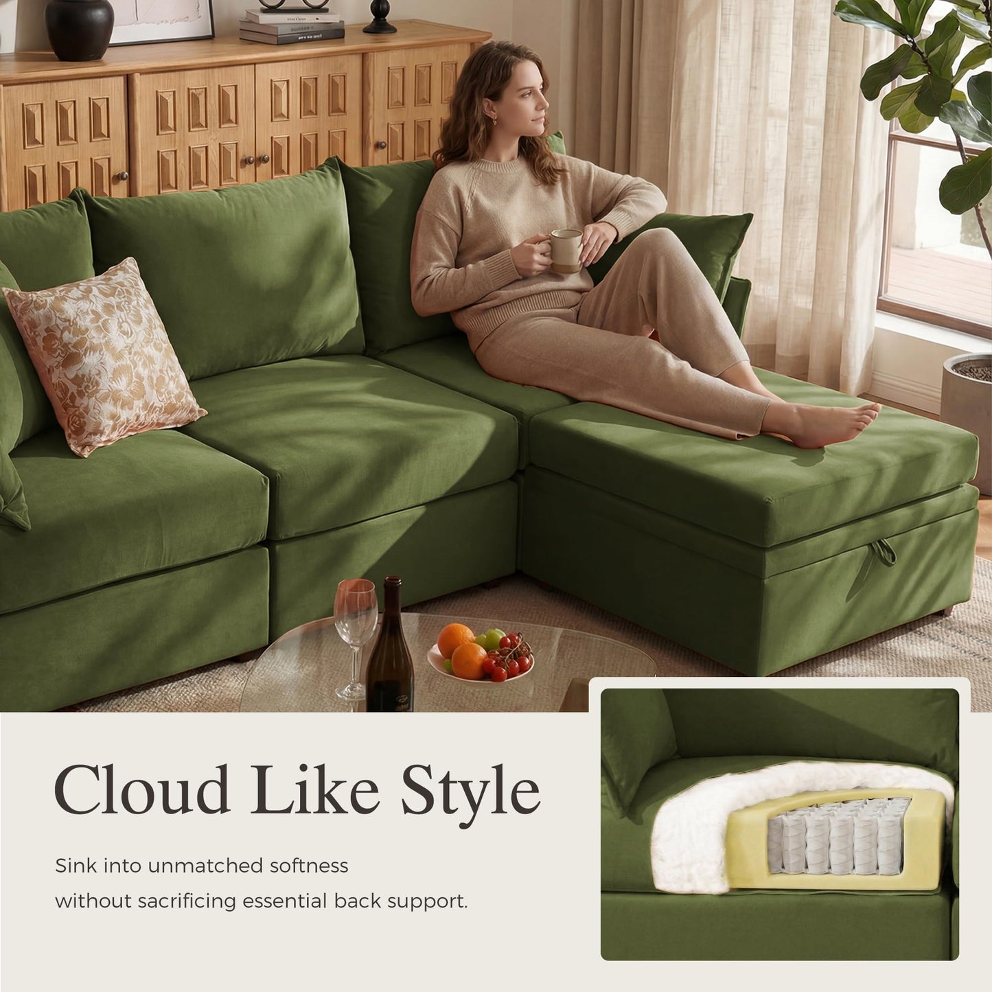 ABCASA 135.5" Velvet Modular Sectional Couch with Storage Ottoman, L-Shaped Sofa, 7-Seater Cloud Sectional with Removable Covers, Green