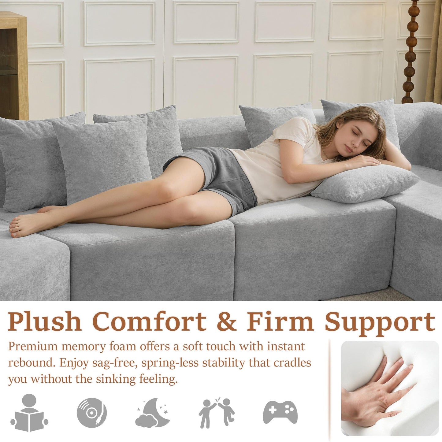 CACFTII 140" Oversized Boneless Couch, Curved Cloud Sectional Couch with L-Shape Chaise, Compressed Memory Foam Couch, Velvet Modular Sectional Sofa for Living Room, No Assembly Required, Grey
