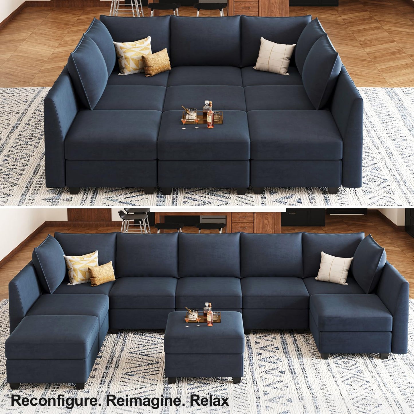 Belffin Large Modular Sectional Sofa Sleeper Couch with Storage Velvet Sectional Sofa Bed for Living Room, 9 Seats, Blue