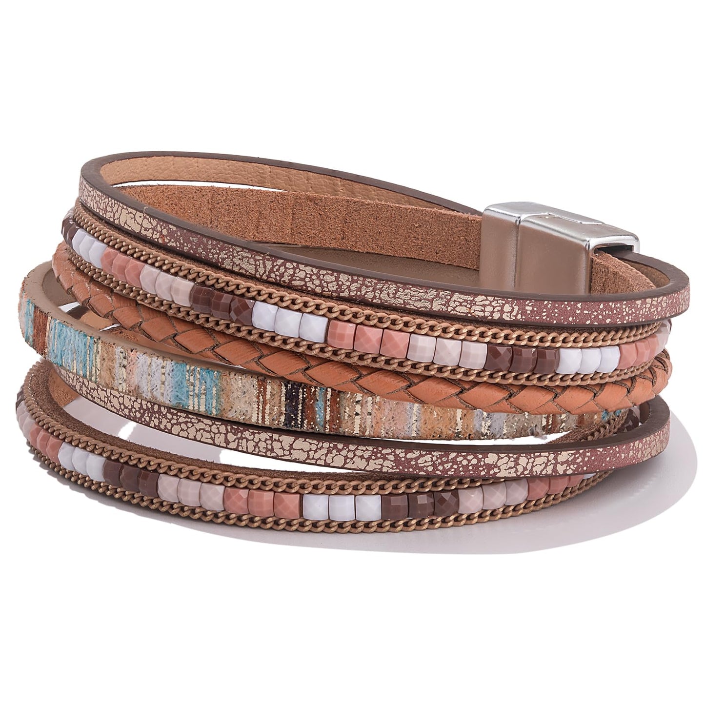 FANCY SHINY Boho Leather Wrap Bracelets Trendy Layered Bracelets with Magnetic Clasp Strackable Bohemian Cuff Jewelry Gifts for Women(Brown)